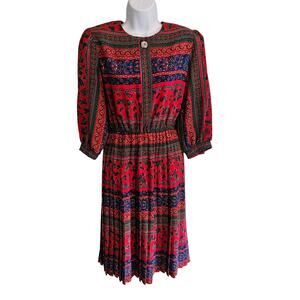 Vintage Lady Carol Red Paisley Pleated Modest Prairie Boho Midi Dress Size 10